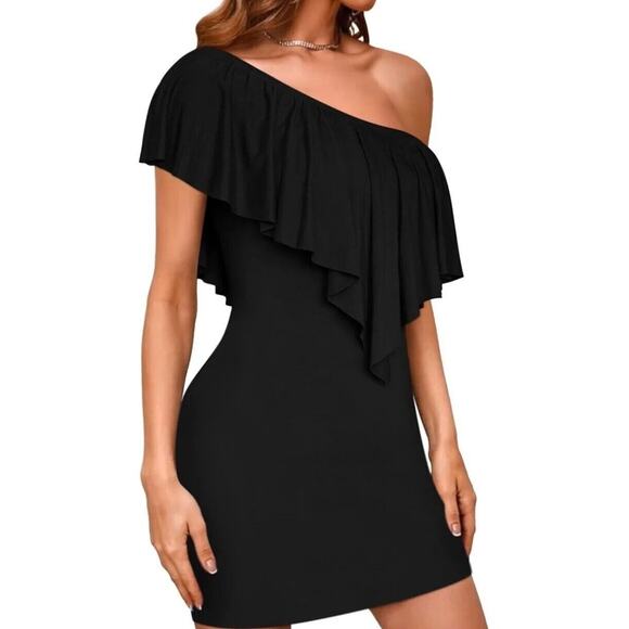 Sexy One Shoulder Ruffle Mini Bodycon Dress Off The Shoulder Tiered Ruffle Sz XL - Picture 2 of 12